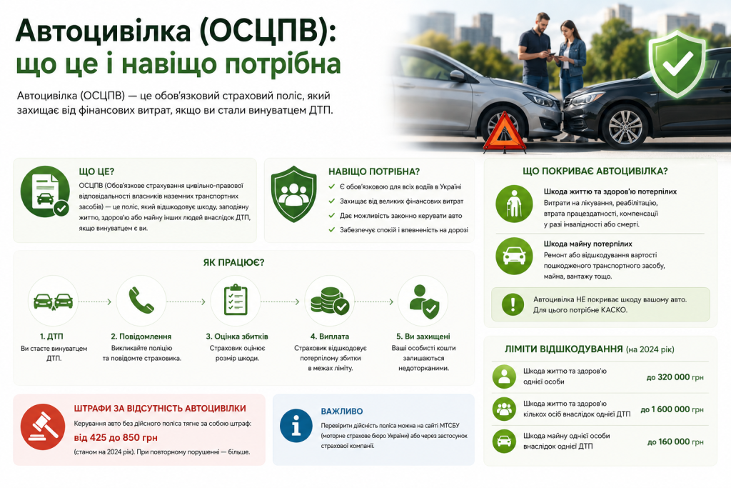 Інфографіка про автоцивілку ОСЦПВ в Україні, страхове покриття, виплати та порядок дій після ДТП