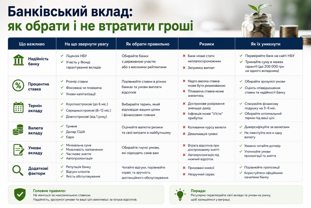 Інфографіка про вибір банківського вкладу, процентну ставку, строк депозиту, валюту, ризики та гарантії