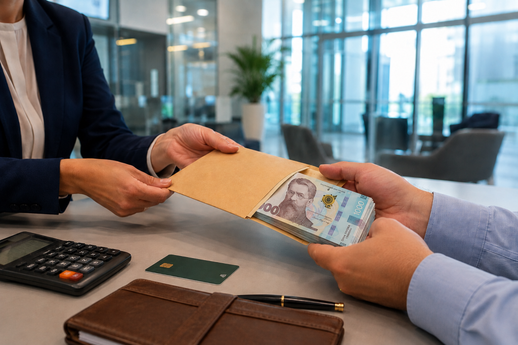 Як обрати вигідний кредит готівкою Клієнт отримує кредит готівкою в банку — передача конверта з українськими гривнями