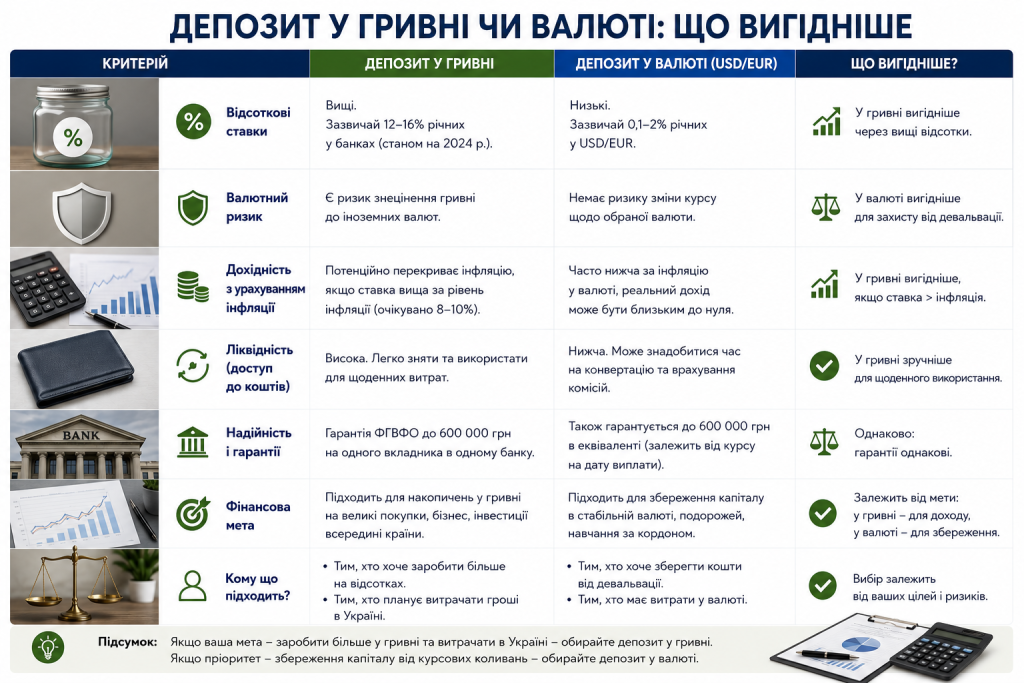 Інфографіка порівняння депозиту в гривні та валюті за ставками, ризиками, дохідністю і надійністю