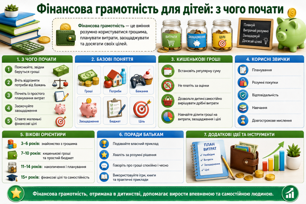 Інфографіка про фінансову грамотність для дітей, кишенькові гроші, бюджет, заощадження та корисні фінансові звички