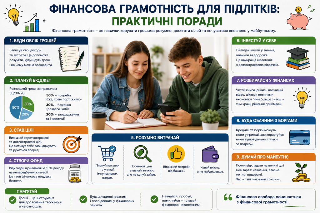 Інфографіка з практичними порадами з фінансової грамотності, бюджету, заощаджень та витрат для підлітків