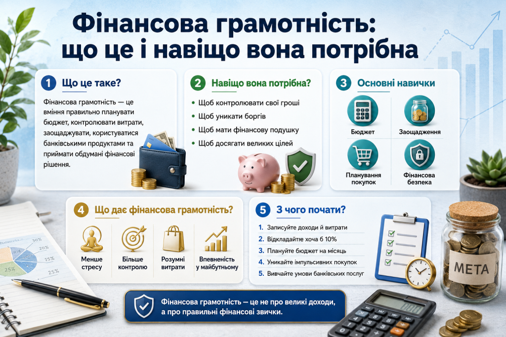 Інфографіка про фінансову грамотність, бюджет, заощадження, планування покупок і фінансову безпеку