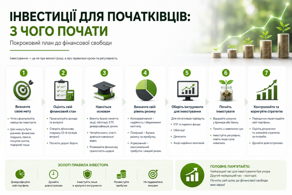 Інфографіка про інвестиції для початківців із покроковим планом від визначення мети до формування стратегії