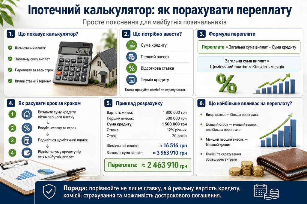 Інфографіка про іпотечний калькулятор, розрахунок щомісячного платежу та переплати за кредитом