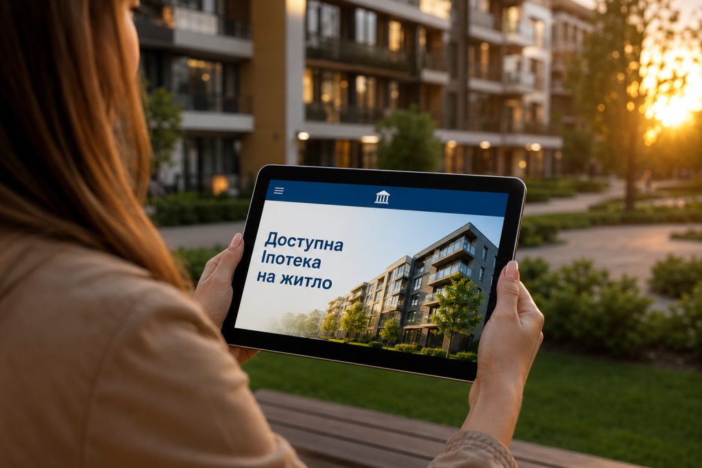 Жінка переглядає пропозицію доступної іпотеки на житло на планшеті біля сучасного житлового комплексу