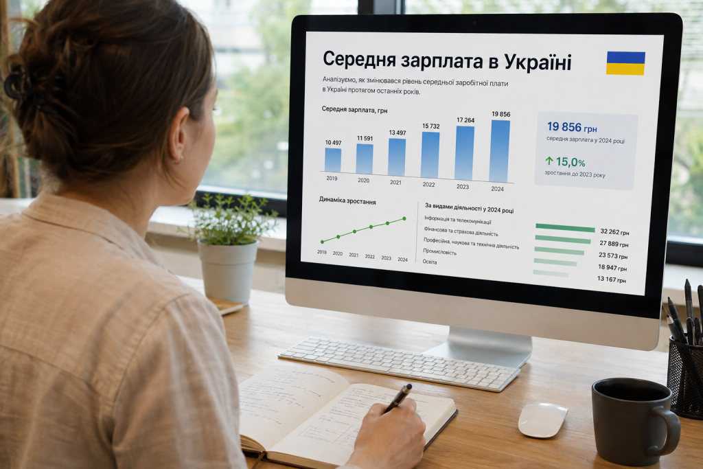 Жінка аналізує на комп'ютері статистику середньої зарплати в Україні та динаміку заробітної плати за роками