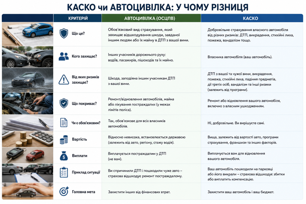 Порівняльна інфографіка КАСКО та автоцивілки з поясненням покриття, вартості та страхових ризиків
