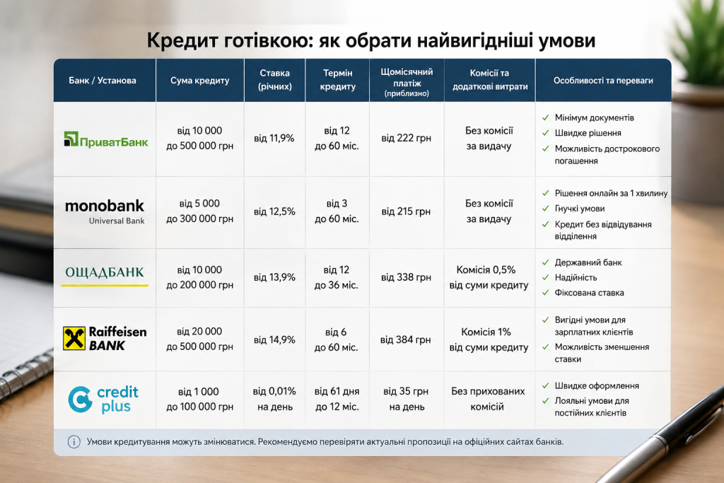 Порівняння умов кредиту готівкою в українських банках за ставкою, строком, платежами та комісіями