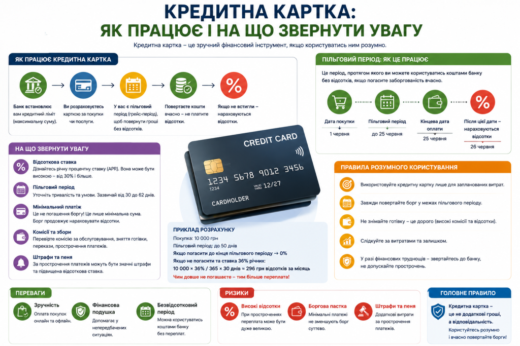 Інфографіка про кредитну картку, пільговий період, відсоткову ставку, платежі, комісії та ризики
