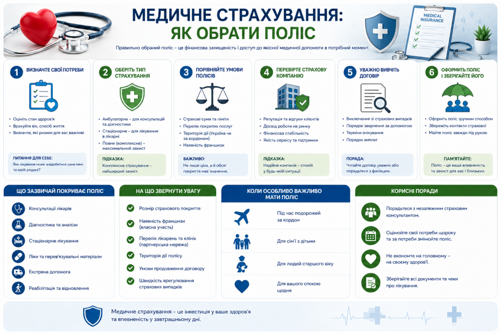 Інфографіка про вибір медичного страхування, види полісів, страхове покриття та важливі умови договору