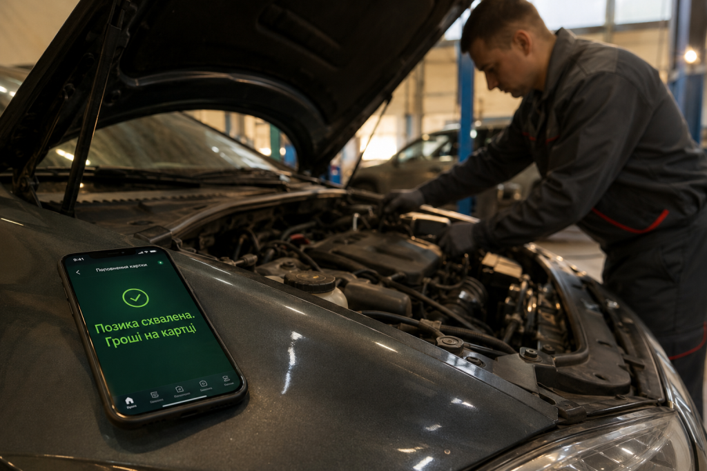 Схвалений мікрокредит на смартфоні для оплати ремонту автомобіля на станції технічного обслуговування
