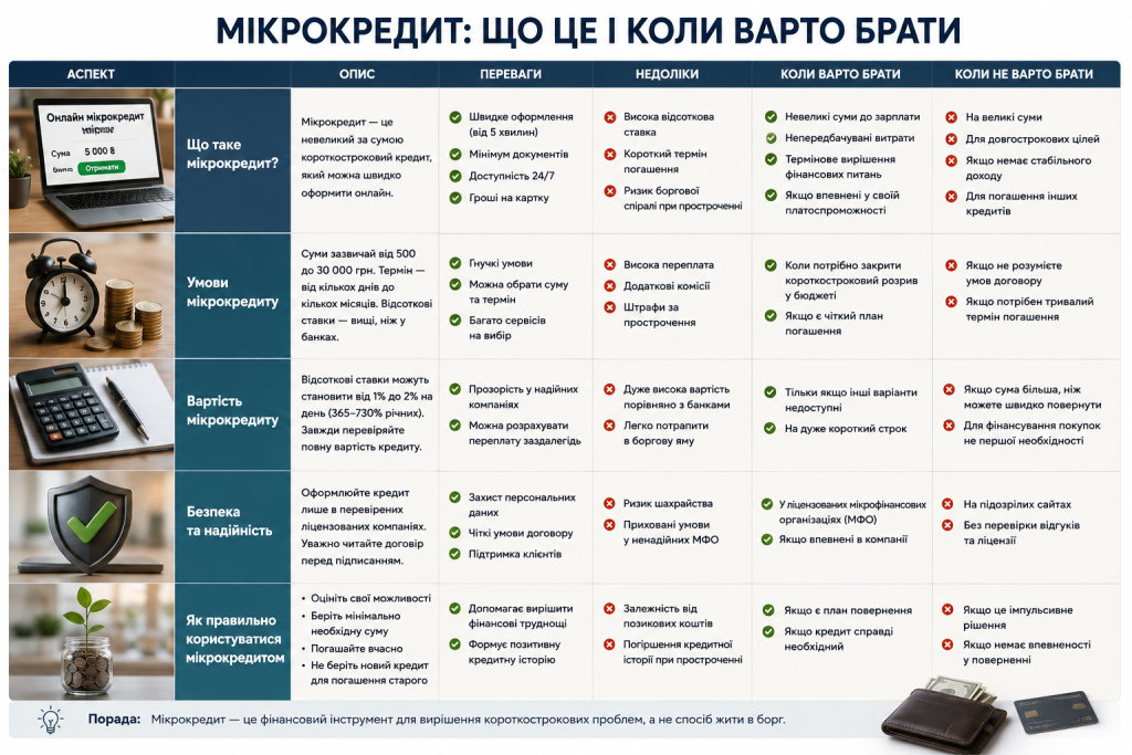 Інфографіка про мікрокредит, умови отримання, вартість позики, переваги, ризики та правила безпечного користування