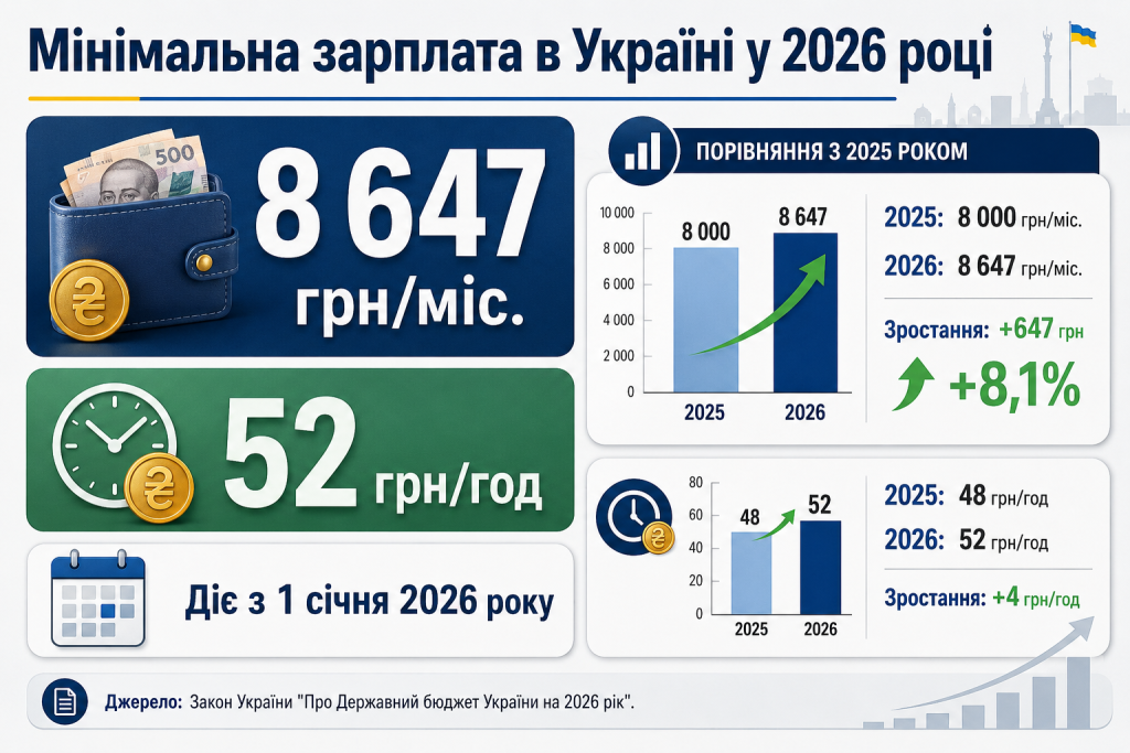 Мінімальна зарплата в Україні у 2026 році — 8647 грн на місяць і 52 грн за годину, порівняння з 2025 роком