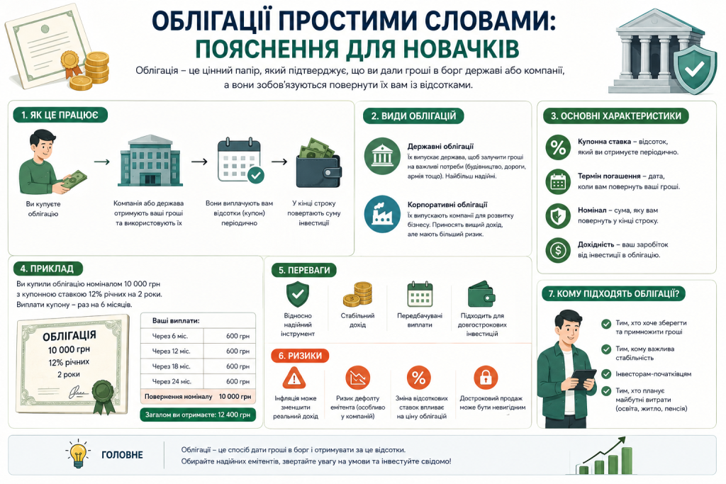 Інфографіка про облігації для початківців, принцип роботи, види, дохідність, переваги та ризики