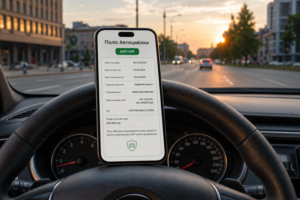 Електронний поліс автоцивілки на смартфоні в салоні автомобіля на тлі міської дороги