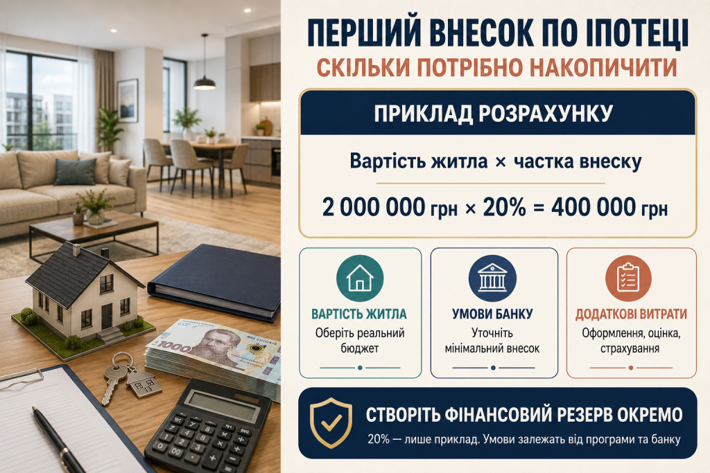 Інфографіка з прикладом розрахунку першого внеску по іпотеці та основними витратами на придбання житла