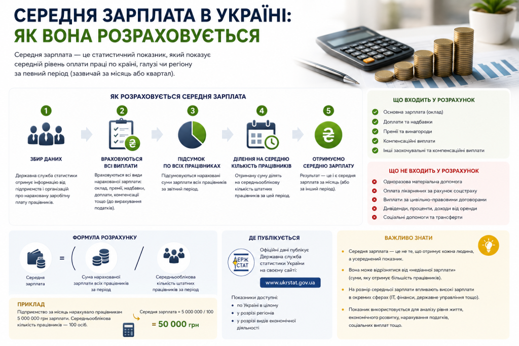 Інфографіка про розрахунок середньої зарплати в Україні, складові заробітної плати та формулу обчислення