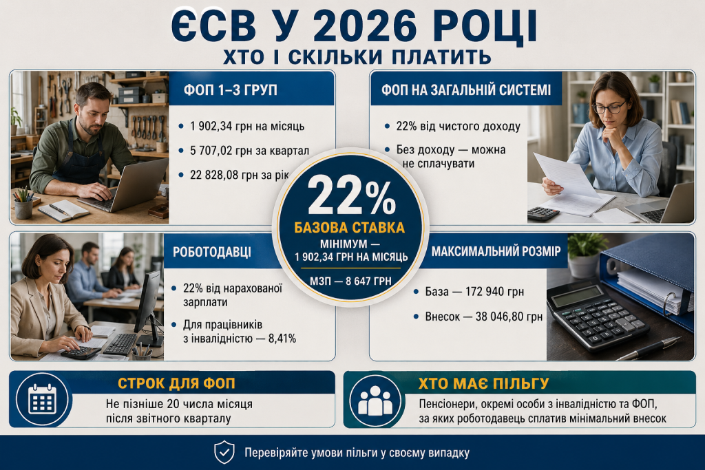 Інфографіка про розмір ЄСВ у 2026 році для ФОП, роботодавців та платників на загальній системі