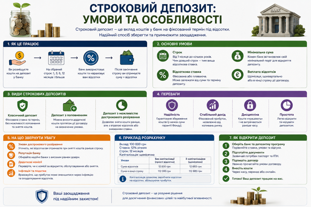 Інфографіка про строковий депозит, відсоткові ставки, терміни, переваги, ризики та умови відкриття вкладу