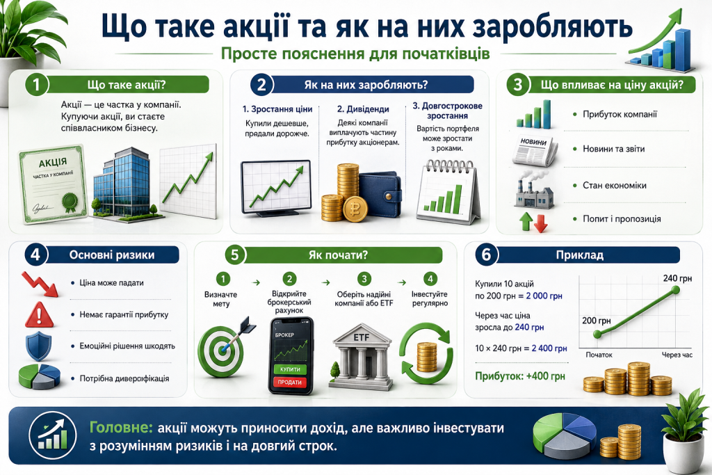 Інфографіка про акції, способи заробітку, основні ризики та початок інвестування для новачків
