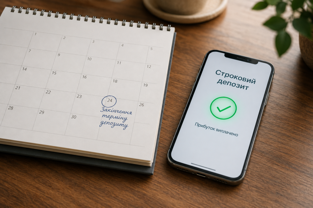 Календар із датою завершення строкового депозиту та смартфон із повідомленням про виплату прибутку