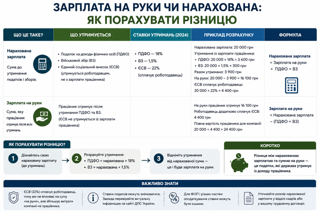 Інфографіка про різницю між нарахованою зарплатою та зарплатою на руки після податків і зборів