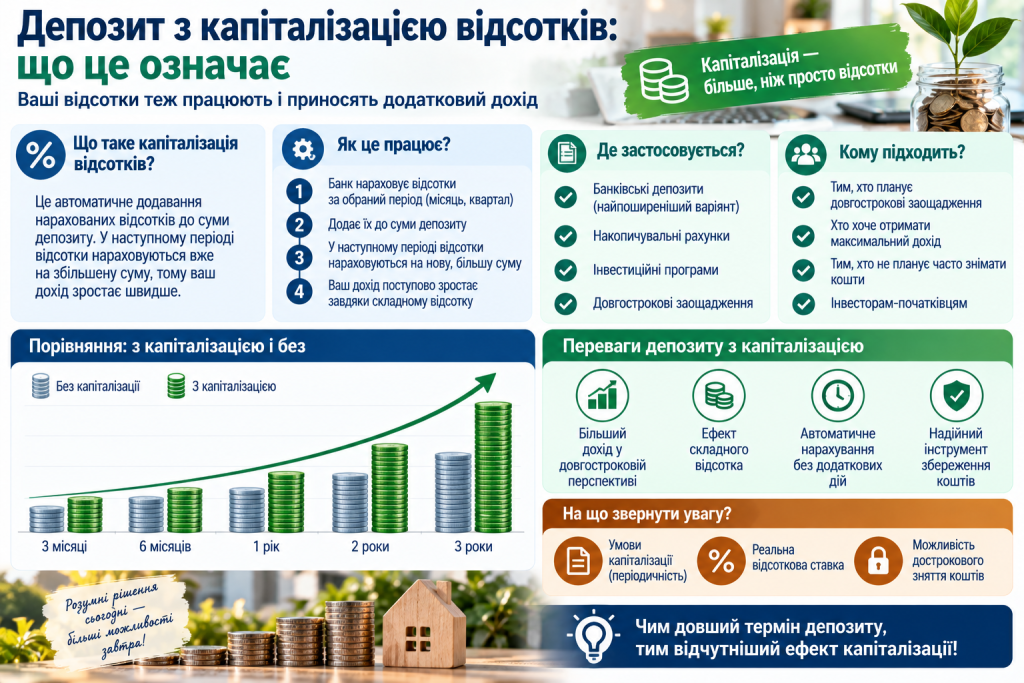 Інфографіка про депозит з капіталізацією відсотків, принцип складного відсотка та зростання доходу заощаджень