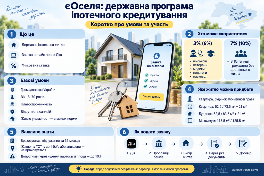 Інфографіка про програму єОселя, умови участі, процентні ставки, вимоги до позичальників, житла та порядок подання заявки.