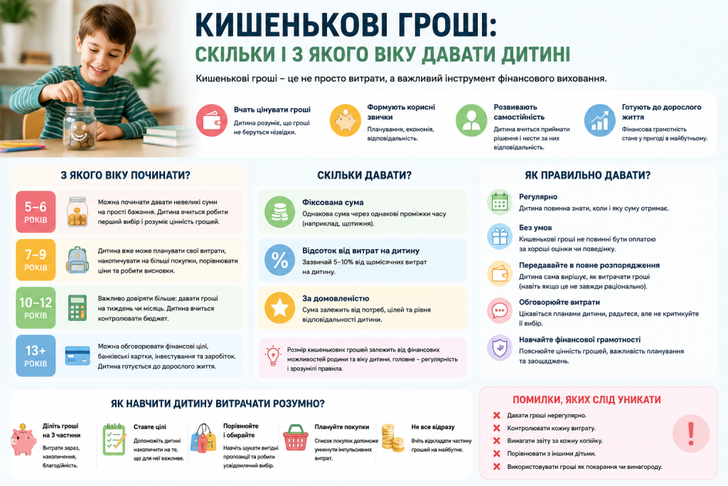 Інфографіка про кишенькові гроші для дітей різного віку, рекомендований підхід до суми та навчання фінансової грамотності