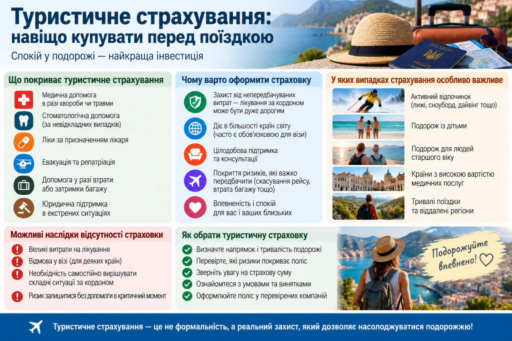 Інфографіка про туристичне страхування, медичне покриття, допомогу за кордоном, страхові ризики та правила вибору поліса для подорожі.