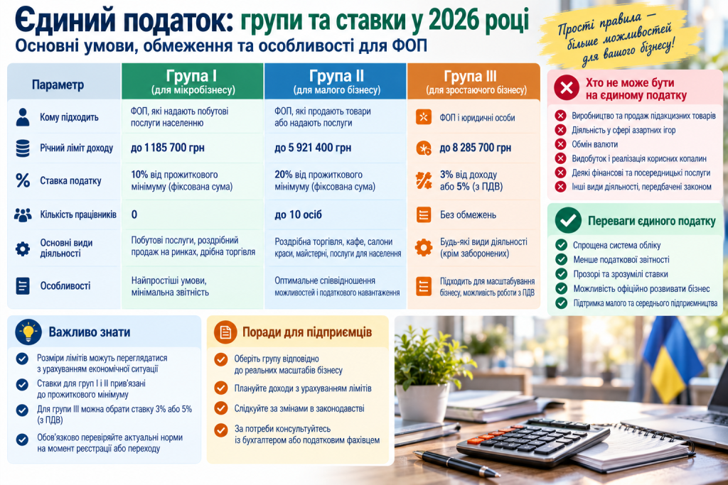 Інфографіка про групи єдиного податку у 2026 році, ставки, ліміти доходу, працівників та умови для ФОП