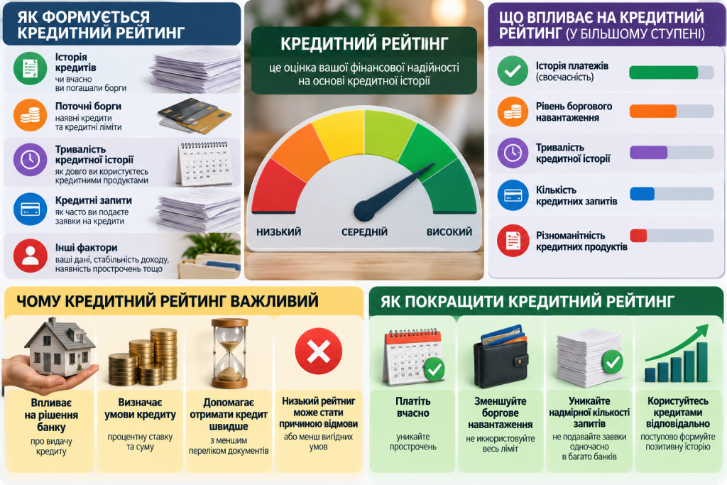 Фінансова інфографіка про кредитний рейтинг: фактори впливу, кредитна історія, своєчасність платежів, боргове навантаження та рекомендації щодо покращення рейтингу.