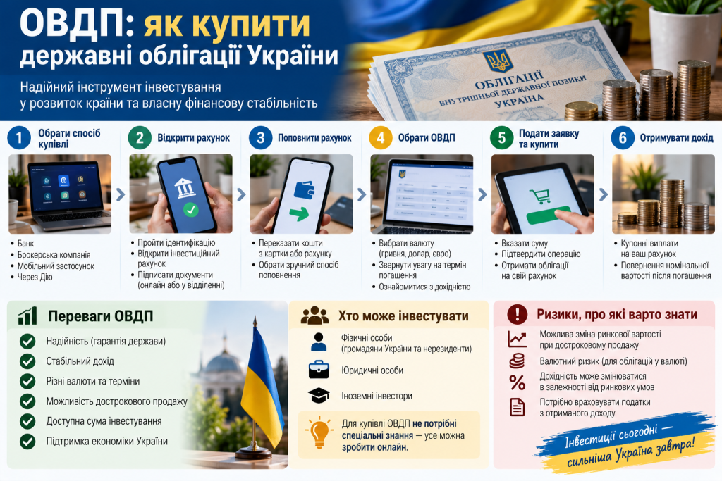 Інфографіка про купівлю ОВДП в Україні, відкриття інвестиційного рахунку, поповнення коштів, вибір облігацій та отримання доходу.