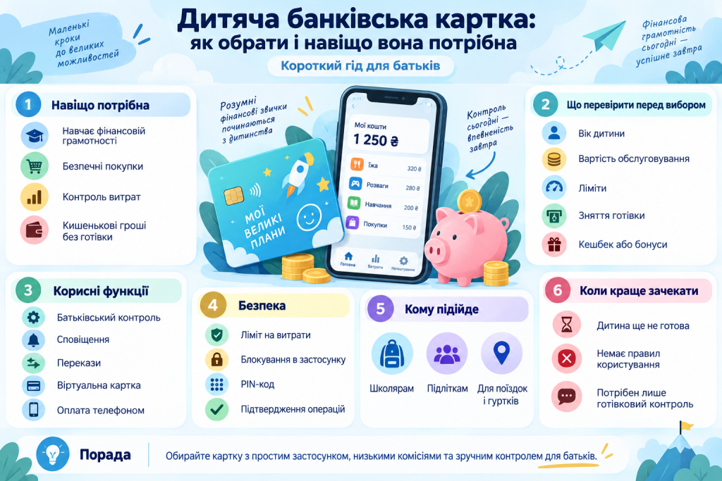 Інфографіка про дитячу банківську картку, фінансову грамотність, батьківський контроль, ліміти, безпеку та корисні функції для дитини.