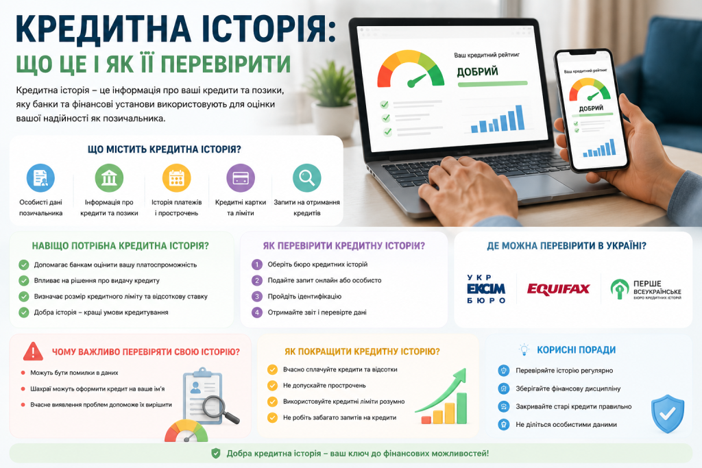 Інфографіка про кредитну історію, кредитний рейтинг, способи перевірки та основні фактори, що впливають на фінансову репутацію